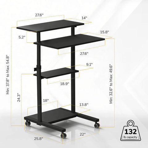 Black Rolling Standing Desk With Adjustable Height Up To 54.7 Inches, showing dimensions, four shelves, and wheels on white background.