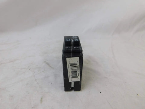 Duplex Tandem Circuit Breaker 30A and 20A, 1 Pole Replacement for Home Electrical Panels, front view on white background