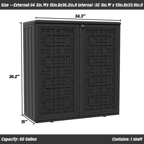 Outdoor Storage Cabinet With Shelf Waterproof Resin Shed For Patio And Garden, 60 Gallon Capacity, 34.3L By 15W By 36.2H, Black