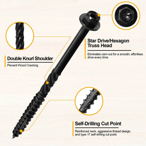 Close-up of 14 By 6 Inch Wood Structural Screws showing hex head, knurl shoulder, and self-drilling point, 50 Pack, rustproof.