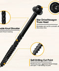 Built Tough Heavy Duty Wood Structural Screws That Kick Some Butt On Outdoor Decks And Fences With Rust Resistant Alloy Steel Construction Handling ACQ Treated Lumber Without Any Hassle At All showcasing hexagon truss head and self-drilling cut point.