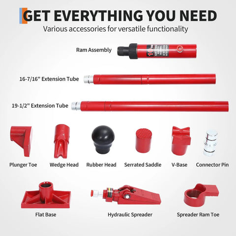 10 Ton Porta Power Hydraulic Kit With Ram Pump And 4.6 Ft Hose accessories including extension tubes and heads for vehicle frame repair.