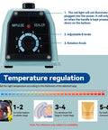 Control panel of Heavy Duty 12 Inch Bag Sealer With 2mm Seal Width Iron Impulse Heat Sealer For Shrink Wrap Manual Operation Pro Grade Durable Blue Sealing Machine Includes Replacement Kits And Fuses showing adjustable temperature levels.
