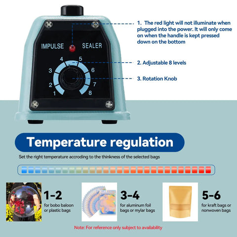 Control panel of Heavy Duty 12 Inch Bag Sealer With 2mm Seal Width Iron Impulse Heat Sealer For Shrink Wrap Manual Operation Pro Grade Durable Blue Sealing Machine Includes Replacement Kits And Fuses showing adjustable temperature levels.