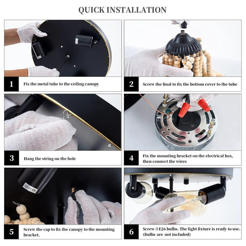 Installation steps for Farmhouse Wood Beaded 3 Light Flush Mount Ceiling Light, Boho Chandelier Style Vintage Lighting