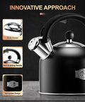 Old School Vintage Style Whistling Tea Kettle With Ergonomic Handle 3.17 Quart Premium Stainless Steel Teapot For All Stovetops Chic Black Classic Design Durable Paint Finish That Resists Fading displayed in close-up with innovative features like anti-scalding handle and dust cover visible.