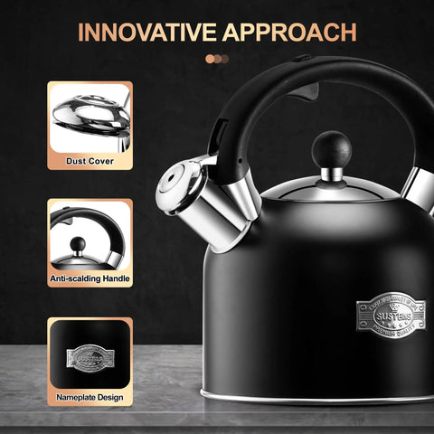 Old School Vintage Style Whistling Tea Kettle With Ergonomic Handle 3.17 Quart Premium Stainless Steel Teapot For All Stovetops Chic Black Classic Design Durable Paint Finish That Resists Fading displayed in close-up with innovative features like anti-scalding handle and dust cover visible.