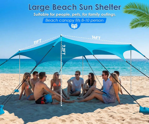 Group under Big 14x11 Foot Beach Shade Shelter With UPF50 Protection by the ocean, supported by aluminum poles and sandbags.