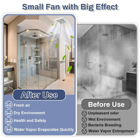 Comparison of bathroom before and after using vent fan showing fresh air and dry environment post installation.
