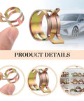Close-up of 90-Piece Car Spring Hose Clamp Kit With 8 Sizes for fuel lines and tubes next to a vehicle image.
