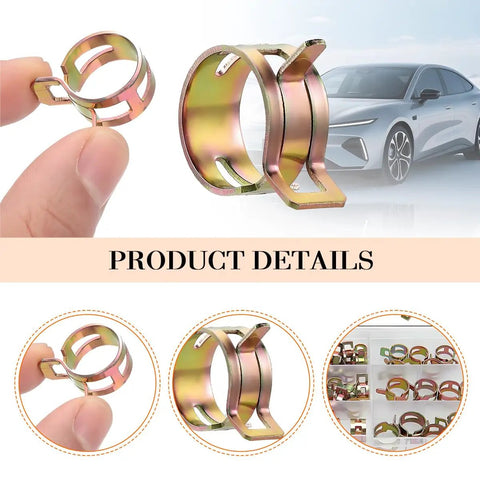 Close-up of 90-Piece Car Spring Hose Clamp Kit With 8 Sizes for fuel lines and tubes next to a vehicle image.