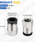 5 Pack Push To Connect Fittings For Point Forty Seven Inch Tube One Quarter Inch NPT Female Nickel Plated Brass Straight Pneumatic Adapters Quick Connect Air Line Fittings Black No Fuss, showing size dimensions.
