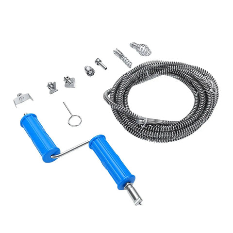 Badass 9.8 Ft Pipe Drain Auger Snake Tool Slams Through Nasty Kitchen And Bathroom Clogs Rapidly, featuring alloy steel shaft and assorted heads.