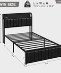 Chic Twin Platform Bed Frame With Upholstered Storage Headboard And Built In Charging Hub Heavy Duty Metal Slats No Box Spring Needed Straight Up Noise Free No Sweat Setup Pure Black dimensions with slats