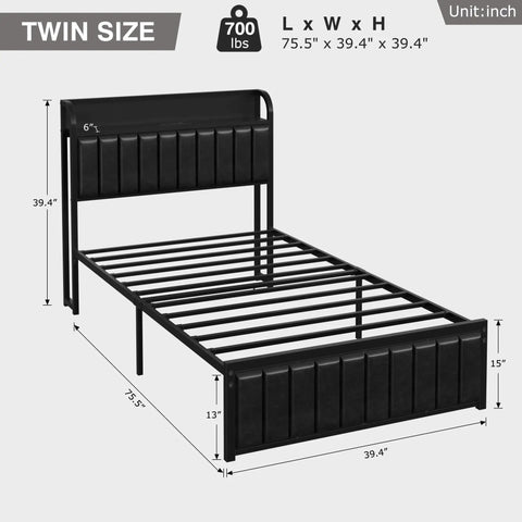 Chic Twin Platform Bed Frame With Upholstered Storage Headboard And Built In Charging Hub Heavy Duty Metal Slats No Box Spring Needed Straight Up Noise Free No Sweat Setup Pure Black dimensions with slats