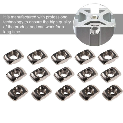 180 Pc Rock Solid Hammer Head T Slot Nuts Fasteners, nickel plated steel, close-up view of fasteners for aluminum framing.
