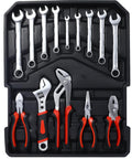 899-Piece All-In-One Home Repair Tool Set With Rolling Toolbox Case, pliers and wrenches displayed in a black tray