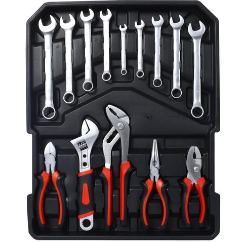 899-Piece All-In-One Home Repair Tool Set With Rolling Toolbox Case, pliers and wrenches displayed in a black tray