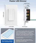 Matte White Led Dimmer Light Switch Featuring Buttery Smooth Fade On Curves And Digital Mcu Engineering To Shield Your Bulbs While Running Single Pole Or 3 Way Lines For A Sleek Tight Electrical Facelift, displaying dimensions and installation note.