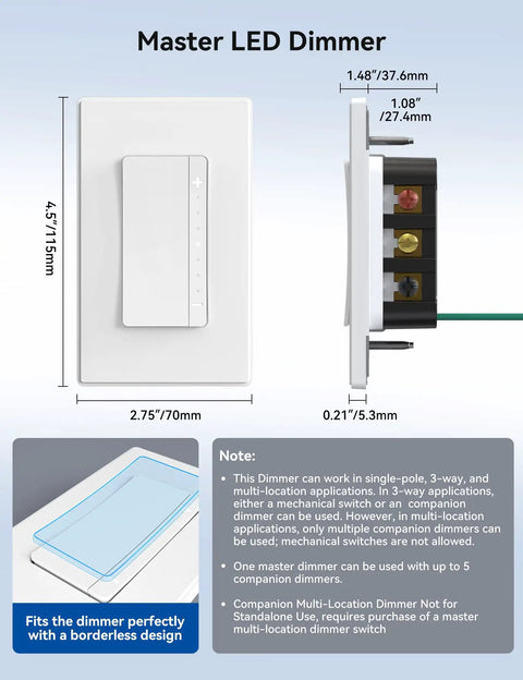 Matte White Led Dimmer Light Switch Featuring Buttery Smooth Fade On Curves And Digital Mcu Engineering To Shield Your Bulbs While Running Single Pole Or 3 Way Lines For A Sleek Tight Electrical Facelift, displaying dimensions and installation note.