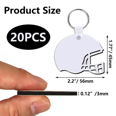 Helmet Shape Sublimation Keychain Blanks Kit, 20 Pieces with size dimensions and thickness detail shown