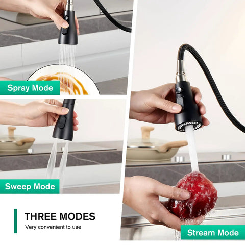 Image of Matte Black Kitchen Faucet With Pull Down Sprayer And 3 Modes demonstrating spray, sweep, and stream modes.