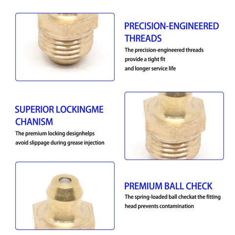 Close-up of Pro Grade Metric Brass Grease Nipple Assortment Kit 15 pieces showing precision threads and locking mechanism.