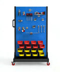 Front view of Three Tier Pegboard Tool Organizer With Locking Casters And Bottom Shelf Built To Last And Tough As Nails For Tools