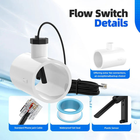 Flow Switch GLX-FLO-RP For Hayward Goldline Aquarite Salt System Pool Flow Sensor With Tee And 15ft Cable Aqua Rite Compatible Salt Cell Assembly For Easy DIY Pool Upgrades, white plastic tee, black cable