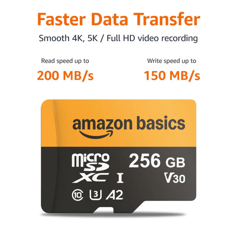 256GB MicroSDXC Memory Card With Adapter For Action Cameras, Drones, Smartphones, Tablets, And GoPro, read speed up to 200 MB/s