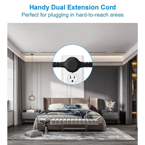 Interior with a Twin 12 Foot Flat Plug Extension Cord With Six Outlets Per Side, Wall Hugger Dual Sided Power Strip near bed.