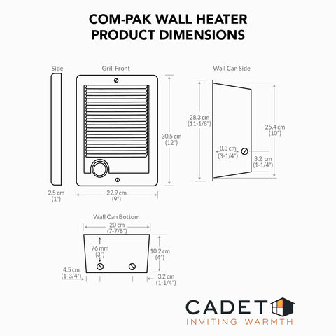 Dimensions of Electric Wall Heater Complete Unit Without Thermostat 1500 Watt 120 Volt 5120 BTU White Wall Mounted Heater For Home Or Office