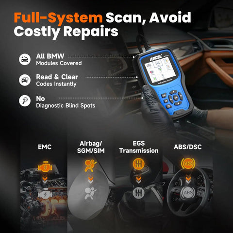 Person holding BM700 Pro BMW Scanner With Auto VIN And Battery Registration Tool, Code Reader inside car, showing scan features.