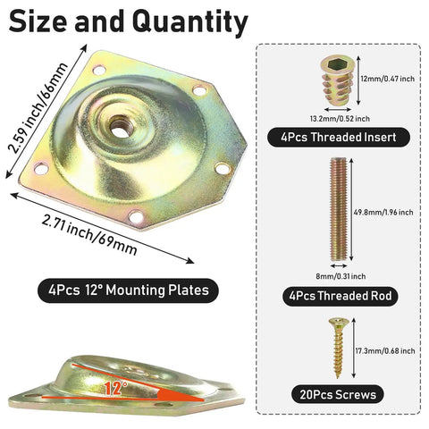 Heavy Duty Furniture Leg Mounting Plates 12 Degree Angled Table Hardware Rock Solid Steel Brackets Rust Resistant T Bracket Kit 4 Pack side view showing dimensions and included components.