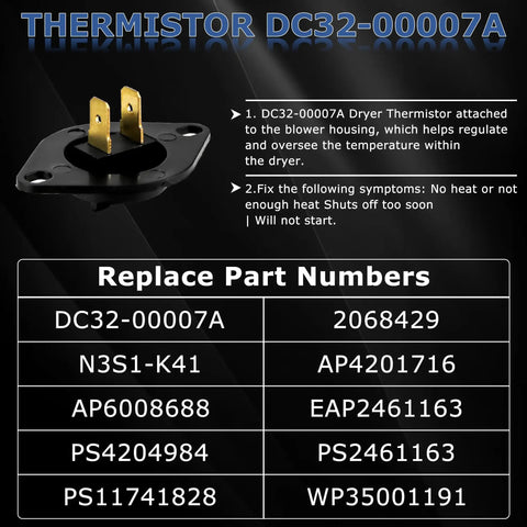 Thermistor DC32-00007A with specifications and part numbers for Samsung dryers.