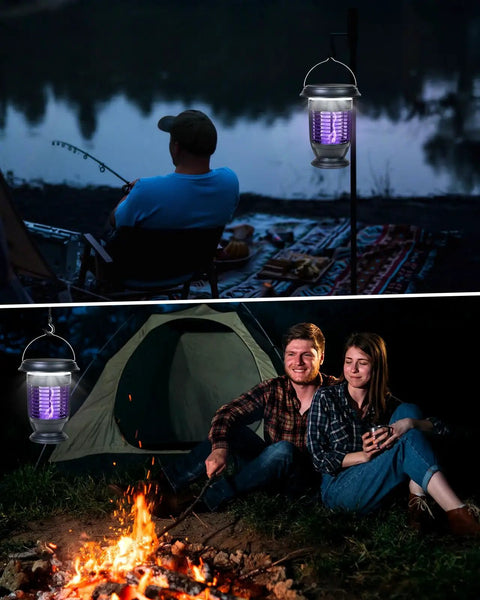 Camping scene with All In One Solar And USB C Rechargeable Bug Zapper With LED Light 2 In 1 Mosquito Killer near tent and campfire.