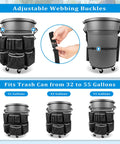 Badass Utility Trash Can Caddy Bag With Dope Storage Pockets For 32 To 55 Gallon Garbage Bins,  adjusting straps shown, storage pockets visible.
