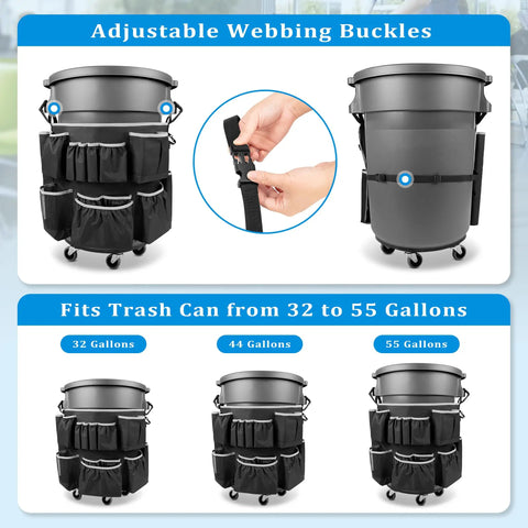Badass Utility Trash Can Caddy Bag With Dope Storage Pockets For 32 To 55 Gallon Garbage Bins,  adjusting straps shown, storage pockets visible.