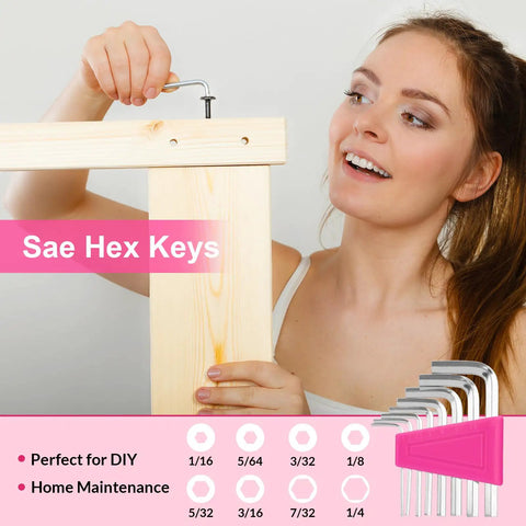 Woman using hex keys from Pink 40 Piece Hand Tool Kit Set With Storage Toolbox For DIY Home Office Garage And Dorm Use