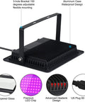 200W LED Black Purple Flood Light with 6ft Cable showing bracket, aluminum case, tempered glass, and US plug