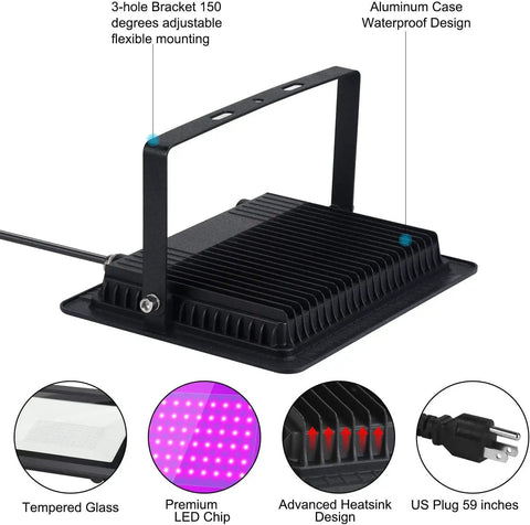 200W LED Black Purple Flood Light with 6ft Cable showing bracket, aluminum case, tempered glass, and US plug