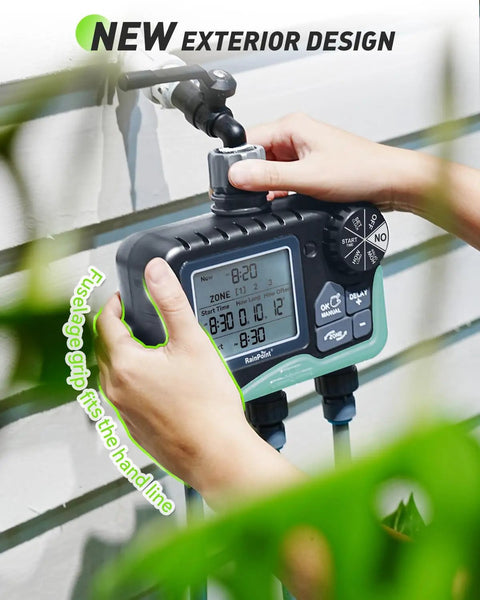 Person installing a Three Zone Sprinkler Timer For Lawn And Garden With No Fuss Programmable Watering Modes Auto Manual Rain Delay