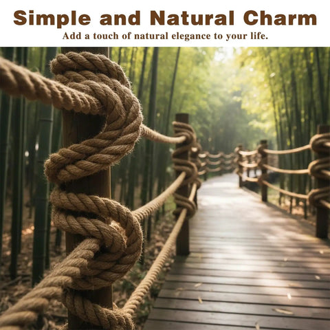 One And A Half Inch Thick Natural Jute Rope 50 Feet Long Built Tough Heavy Duty Twisted Manila Style Nautical Rope on wooden path