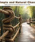 Thick 1.5 Inch Jute Rope 100 Ft Natural Hemp Manila Heavy Duty Twisted Rope used as railing on a wooden pathway in a forest