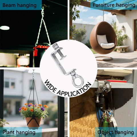 Collage of Beam, Furniture, Plant, and Object Hanging Uses of Beefed Up 304 Stainless Beam Clamps With M10 Ring Screw