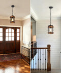 Black Farmhouse Pendant Lights for Kitchen Island, 1-Light Metal Cage Rustic Wood Pendant Light Fixtures hanging in entryway.