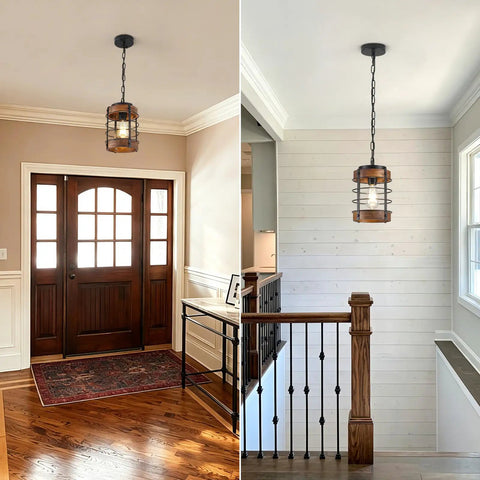 Black Farmhouse Pendant Lights for Kitchen Island, 1-Light Metal Cage Rustic Wood Pendant Light Fixtures hanging in entryway.