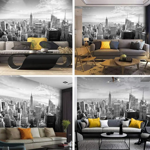 Black and white New York City skyline canvas wall mural in living room decor showcasing urban vibe with modern furniture setup.