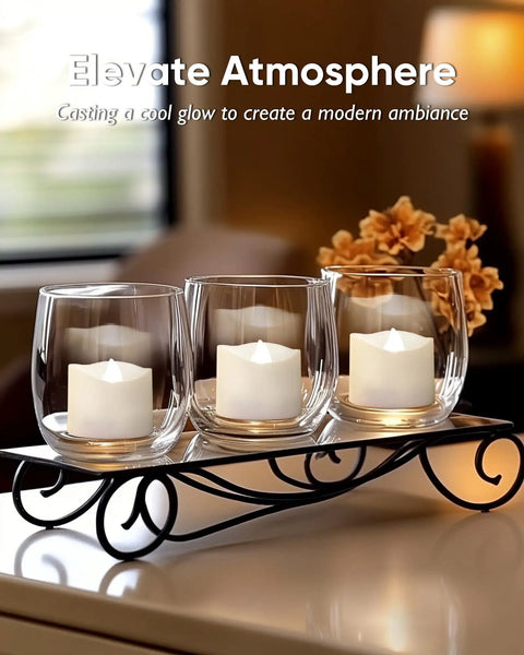 Flameless Tealight Candles With Remote Timer Battery Operated 12 Pack Warm White in glass holders on metal stand