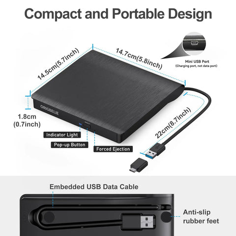 Dope External CD DVD Drive for Laptop USB 3.0 CD ROM DVD RW Burner Plug and Play No Driver Needed Portable Optical Drive for Mac and Windows with USB C and USB A Cable compact 14.7cm black